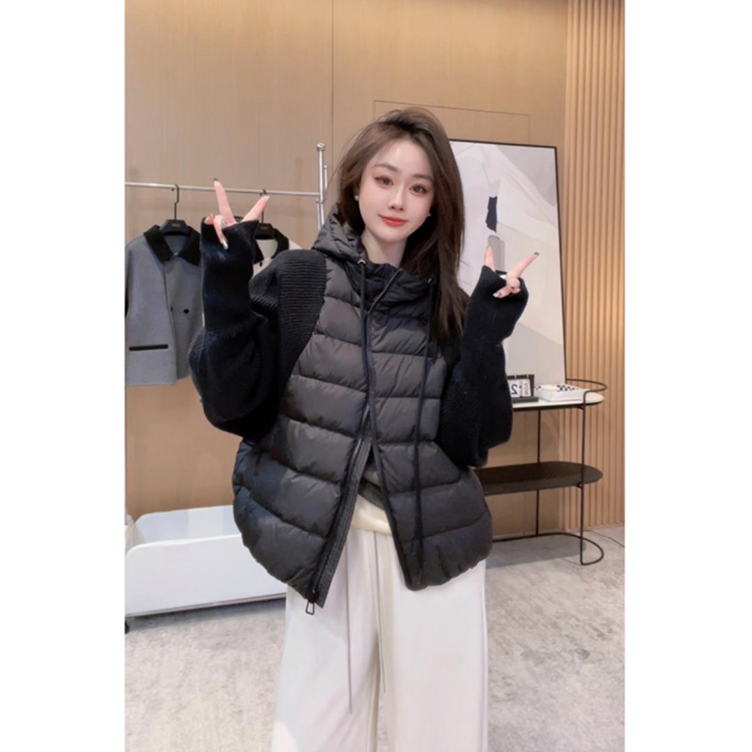 秋冬新款洋气设计感小众针织拼接棉服外套上衣慵懒风独特连