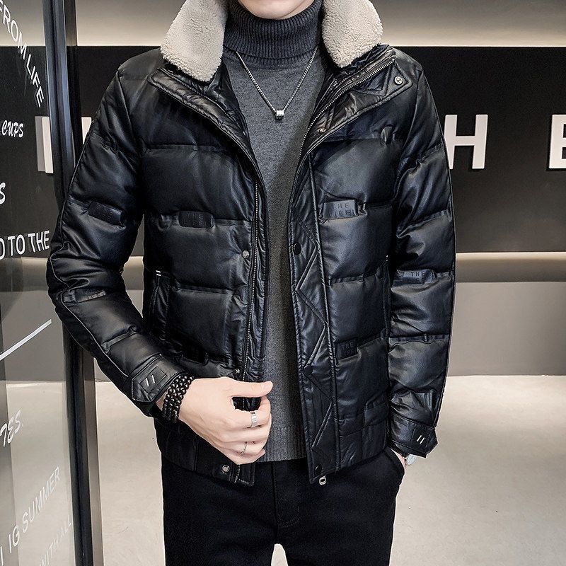 免洗PU皮羽绒服男冬季短款加厚领潮流修身青年百搭保暖外套