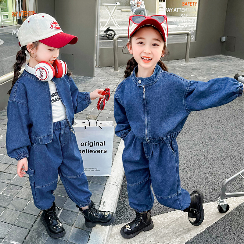 女童牛仔套装春季2024新款儿童装网红工装韩版宝宝洋气时髦两件套