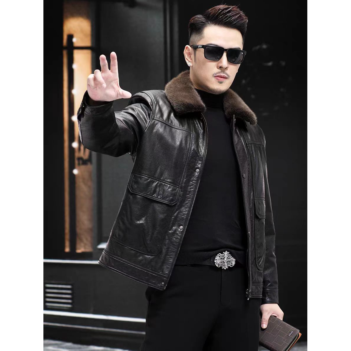 海宁秋冬季真皮皮衣男士头层牛皮加厚可脱卸内胆翻领皮夹克外套