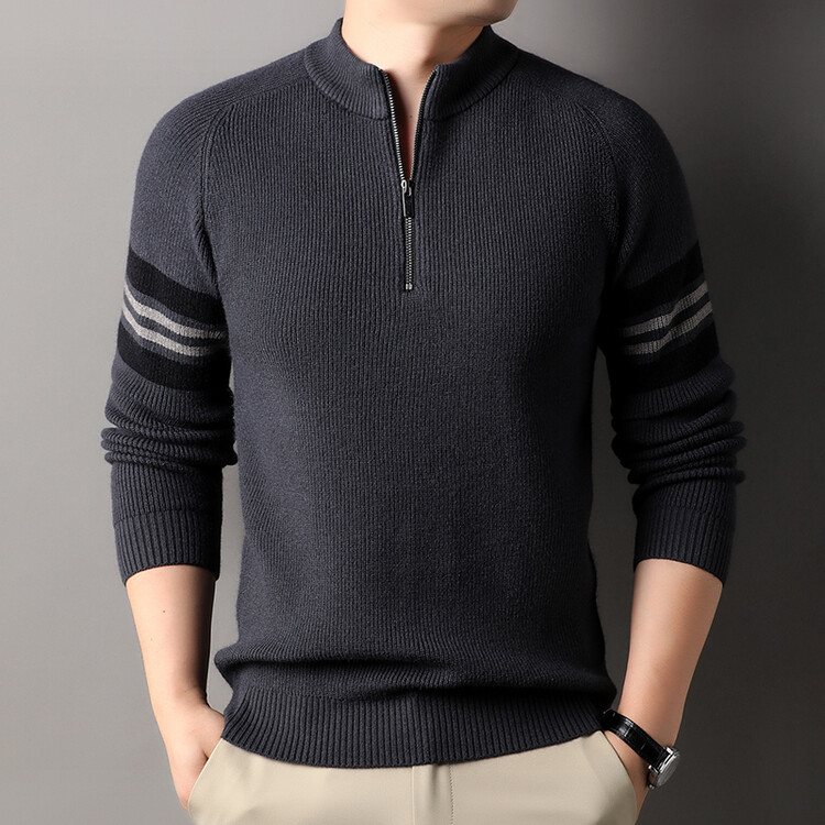 冬款男士半高拉链羊毛衫条纹时尚加厚针织衫立领毛衣男休闲半高领