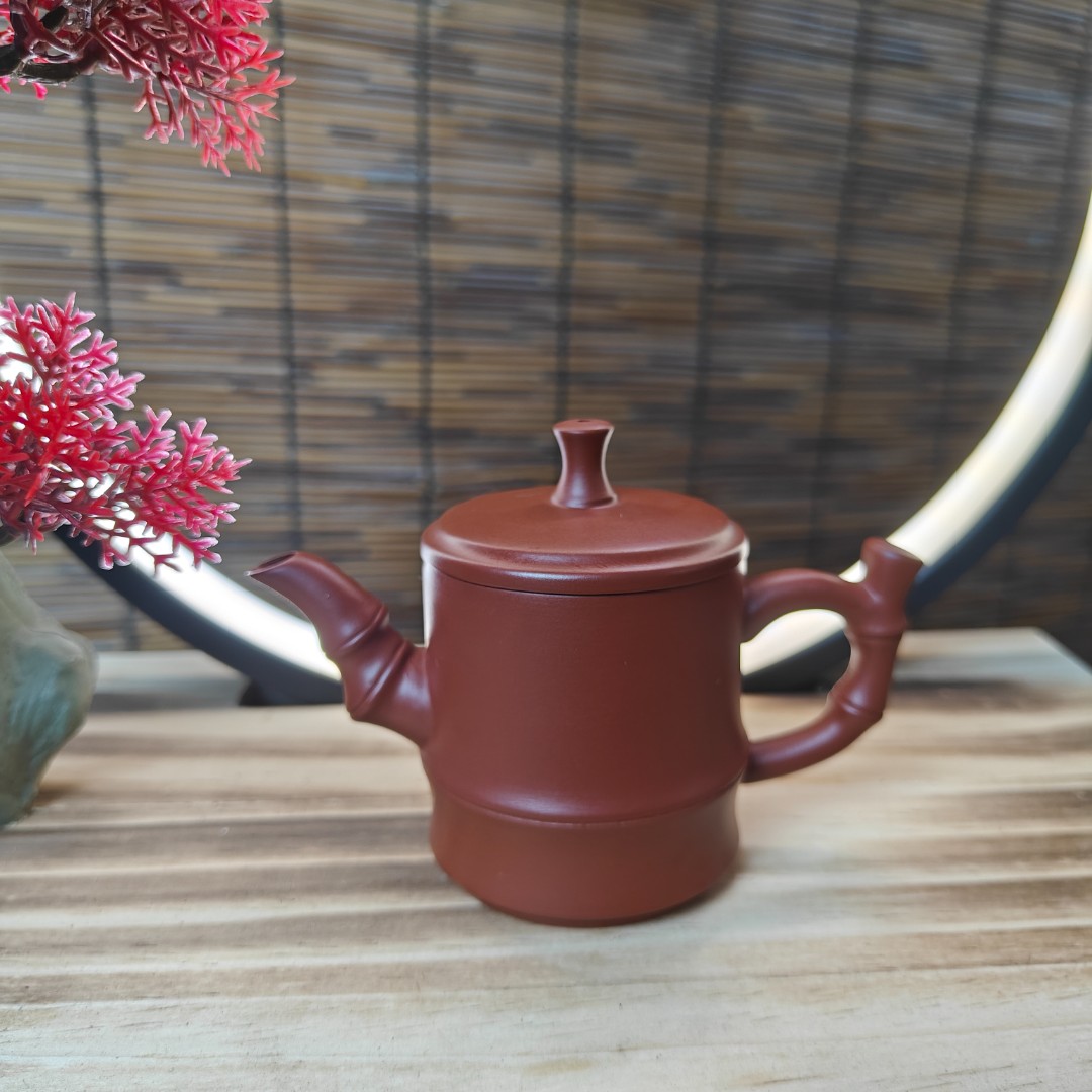 潮州朱泥手拉壶竹节壶大开口原矿朱泥竹韵手纯手工拉胚 110毫升