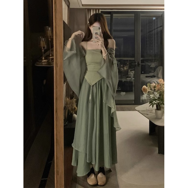 套装女2023夏季新款新中式禅意开衫吊带背心高腰显瘦半身裙潮