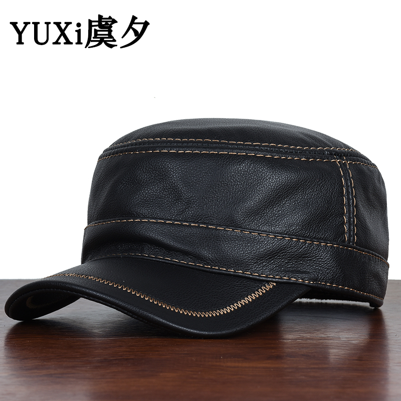 冬季薄款头层牛皮平顶帽子男真皮缝线韩版鸭舌帽中老年爸爸老人帽