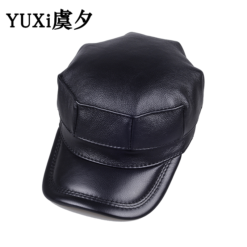 冬季头层牛皮平顶八角帽男士爸爸中老年保暖真皮帽子棉护耳鸭舌帽