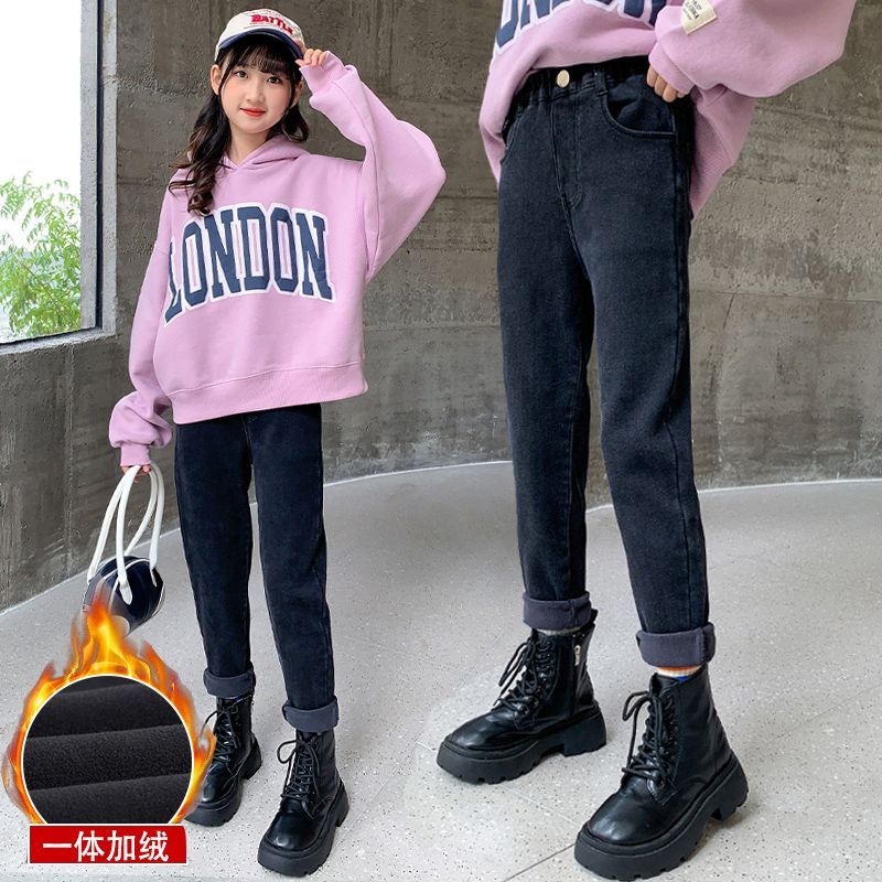 女童加绒牛仔裤秋冬2023新款大童女孩加厚裤子儿童冬天打底裤外穿