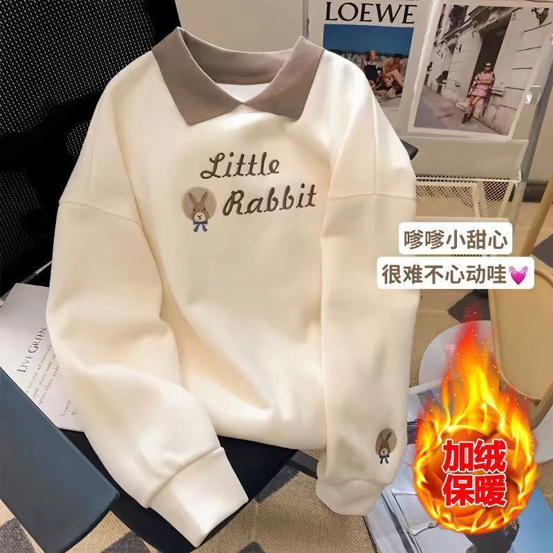 女童卫衣2023新款秋冬装加绒加厚中大童polo领童装翻领刺绣上衣潮