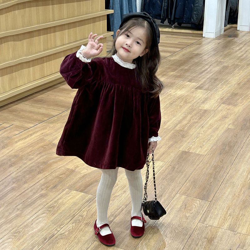 秋冬新款童装女宝洋气裙子女童丝绒花边连衣裙可爱哑光酒红公主裙