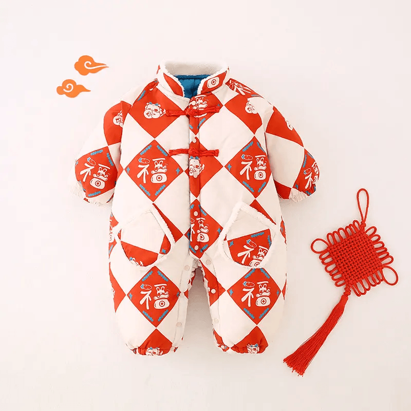 冬季男女宝宝无骨加厚夹棉外出连体衣新年爬服婴儿衣服拜年服棉服