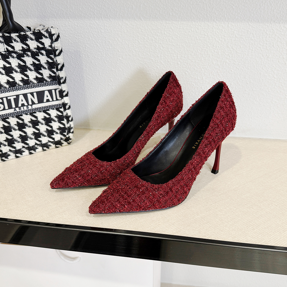 【甘师傅匠心之作】小香风单鞋女秋季新款红色高跟鞋女细跟尖头百搭