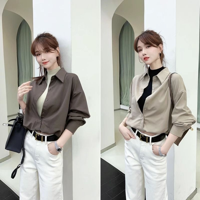 2023年秋季百搭格调美拉德设计感假两件衬衫设计感长袖显瘦衬衣女