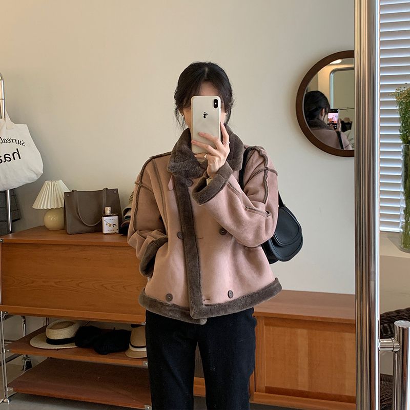 粉色皮毛一体羊羔毛外套女装冬季2023新款韩版加绒加厚机车服