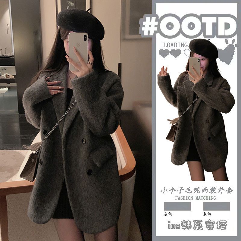韩系小香风毛呢西装外套女秋冬季加厚小众设计高级感炸街西服大衣