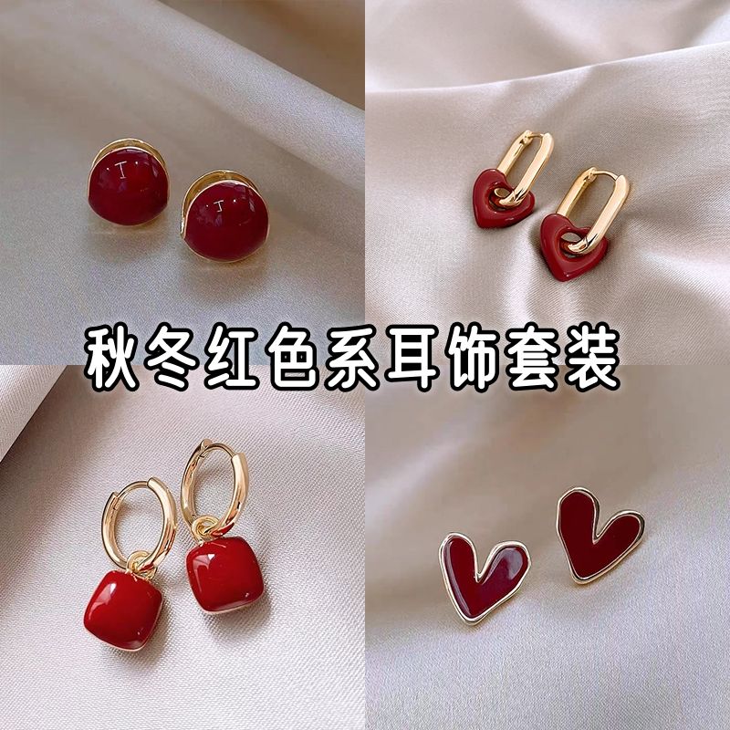酒红色滴釉耳钉女秋冬气质小巧新春百搭耳饰ins风小众设计感耳环