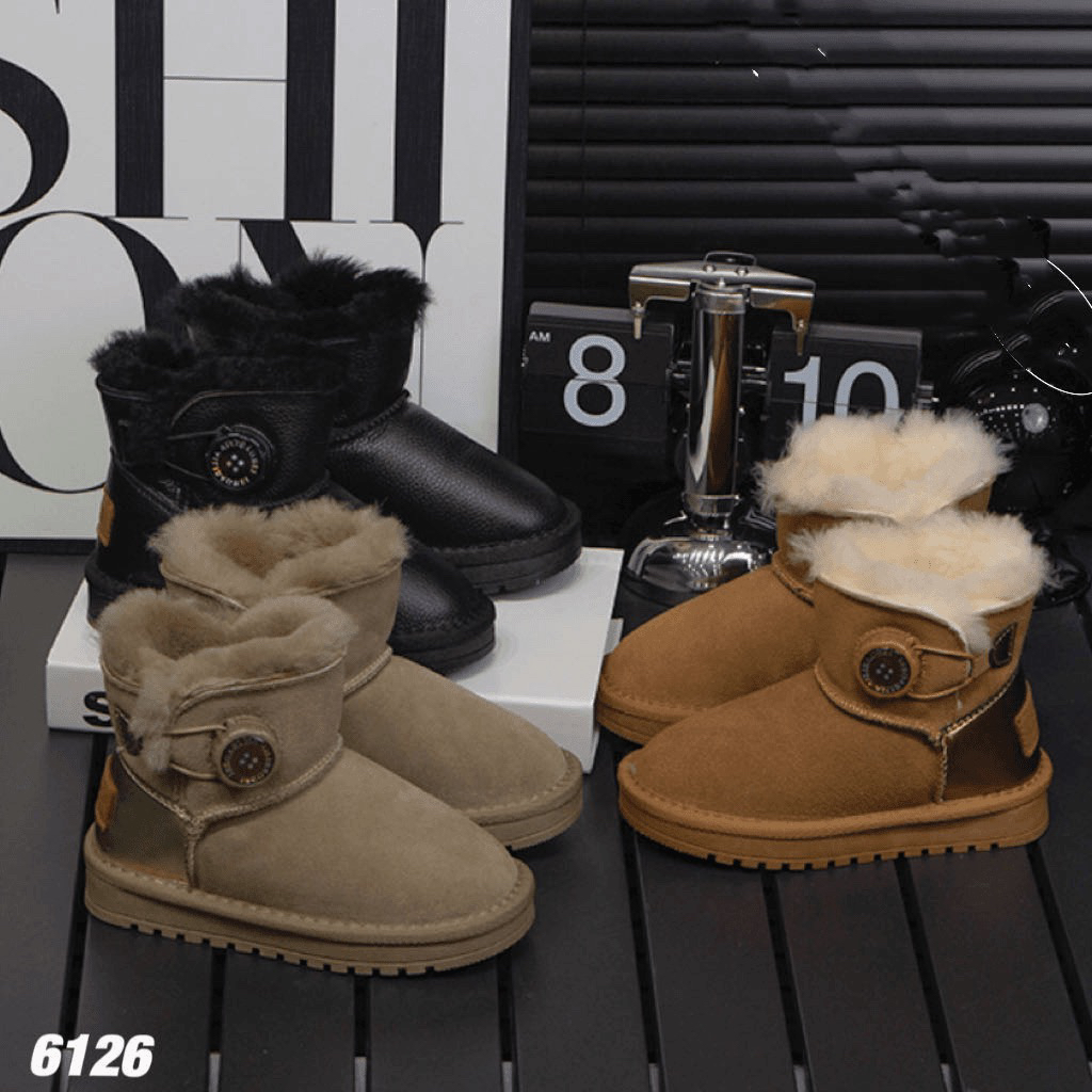 儿童冬季牛皮+羊毛加厚保暖旋转纽扣雪地靴 6126