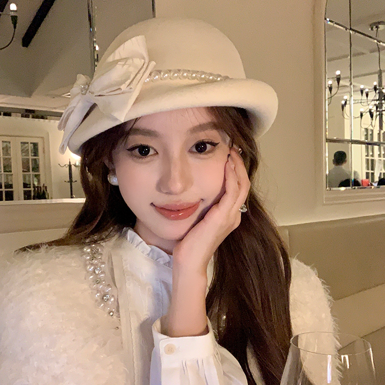 千金白富美 全澳毛珍珠蝴蝶结礼帽女2025年冬赫本风优雅定型盆帽