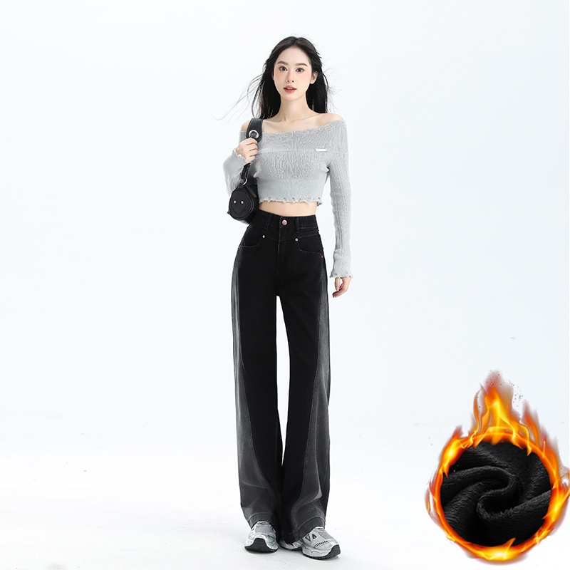 【加绒】秋冬季黑色高腰加绒窄版牛仔裤女2025年新款爆款直筒拖地裤