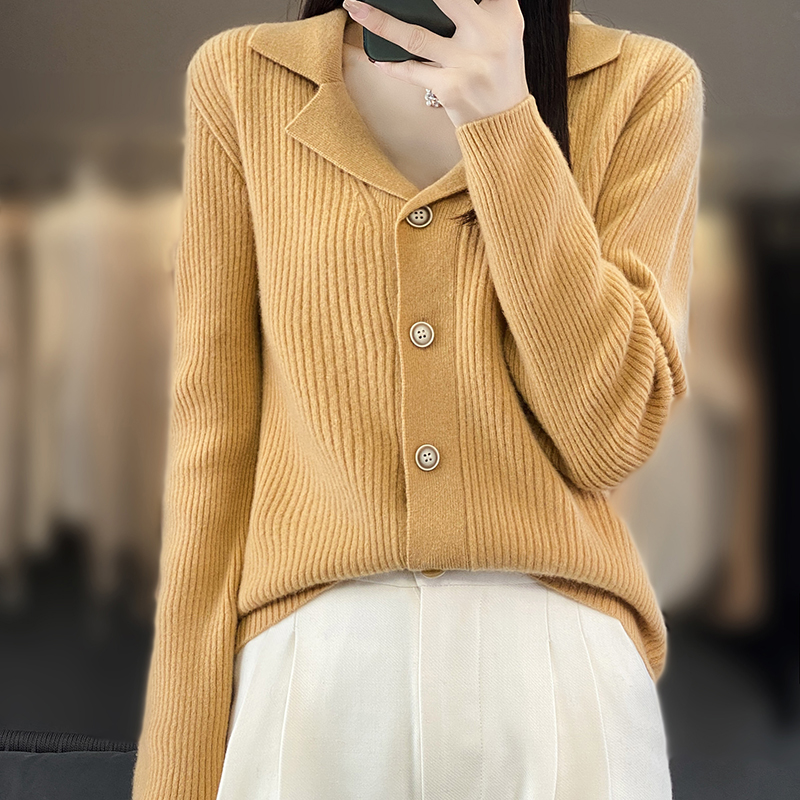 100纯羊毛衫针织开衫女~秋冬新款西装领上衣修身打底长袖毛衣外套