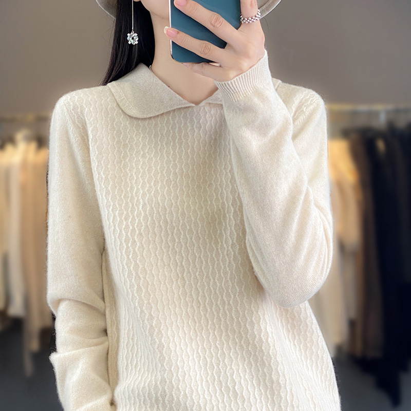 100纯羊毛衫女~濮院秋冬打底针织衫法式娃娃领套头宽松羊毛毛衣女