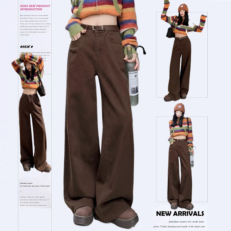 美拉德2025新款秋季阔腿牛仔裤女迷咖棕高腰复古宽松直筒拖地裤子