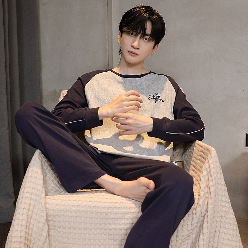 男士睡衣春秋季冬季纯棉长袖家居家居服休闲简约全棉大码套装外穿