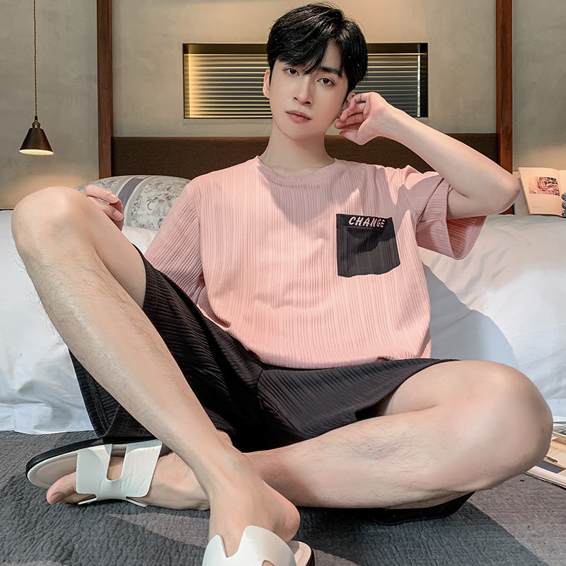 睡衣男夏季纯棉短袖短裤青少年大码夏天薄款可外穿圆领家居服套装