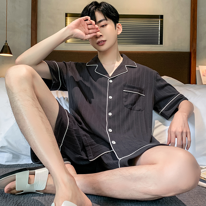睡衣男夏季纯棉短袖薄款男士高档夏天简约大码开衫全棉家居服套装