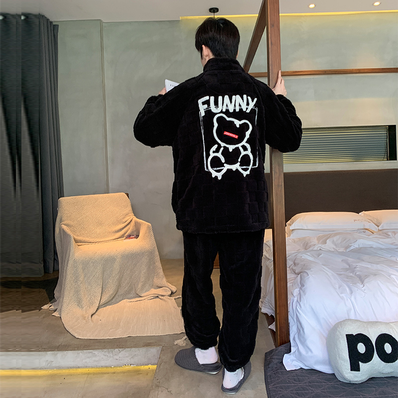 冬季男士睡衣珊瑚绒青少年学生时尚休闲家居服加绒加厚套装可外穿