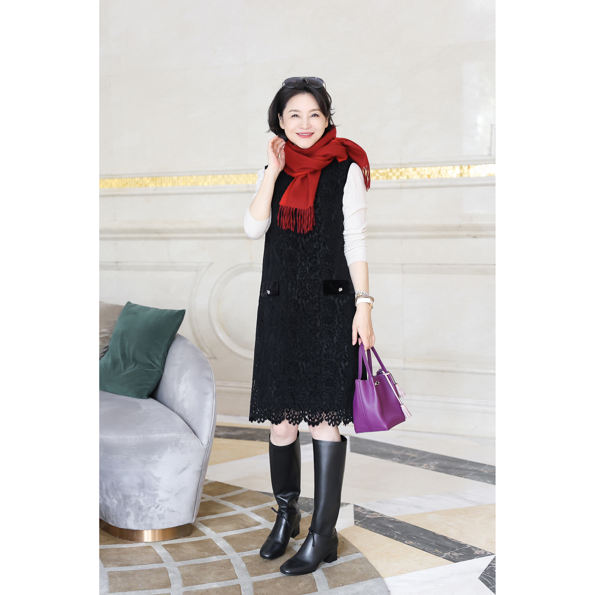 我是摩羯 美腿靴 牛皮软羊皮蝴蝶结拉链显瘦粗跟长筒靴小香风春秋