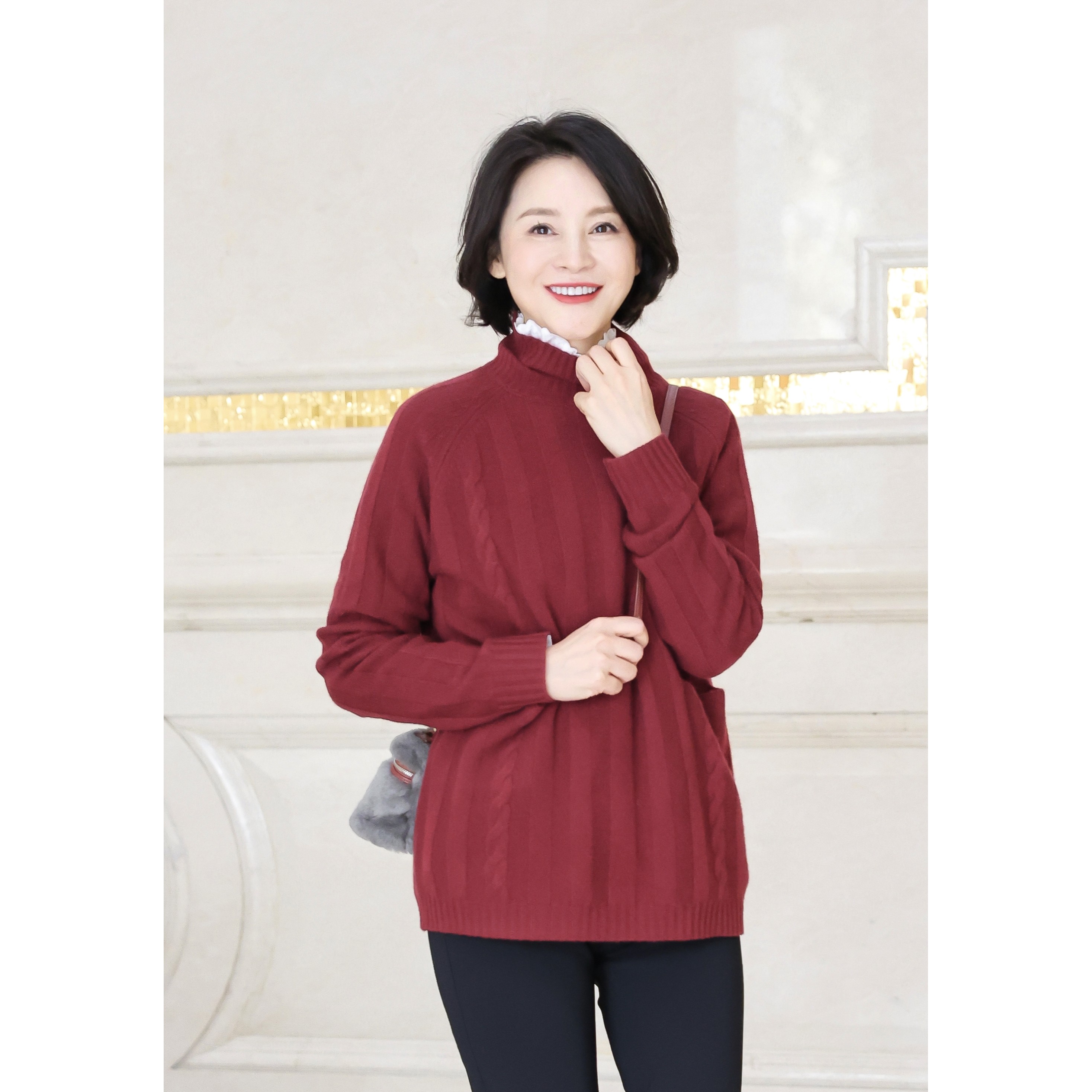 我是摩羯 暖暖下午茶 30羊绒70美利奴羊毛长袖宽坑条高领针织衫