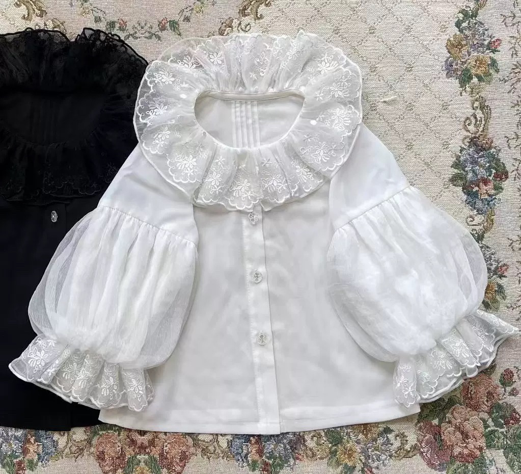 2025女童打底衫拖拉叔花朵衬衫洛丽塔打底衣蕾丝拼接衬衣娃娃衫