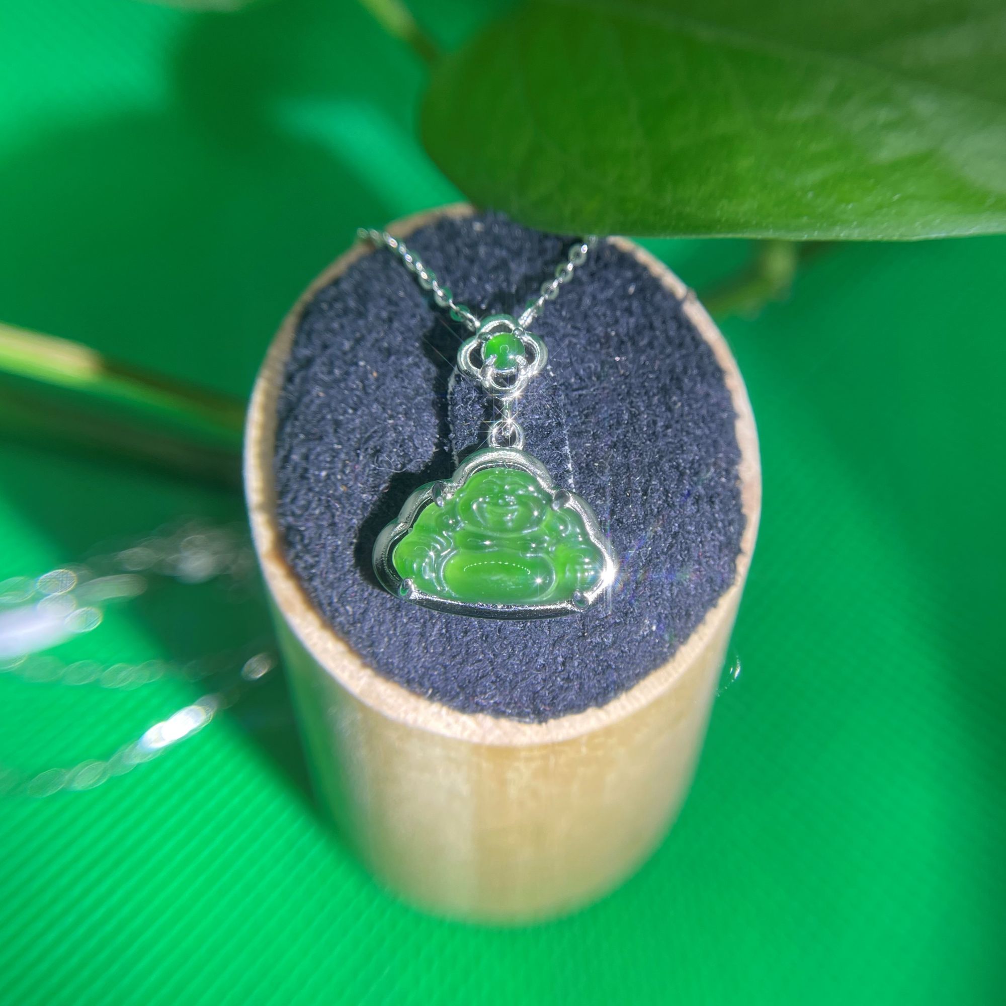 天然a货翡翠阳绿佛公S925银镶冰种玉佛吊坠高冰女弥勒佛项链挂件