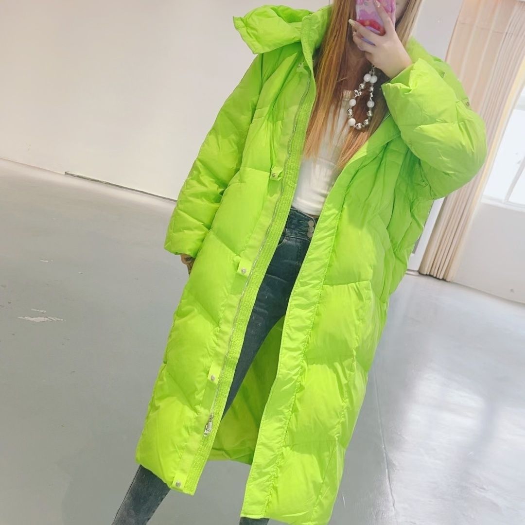 白鸭绒设计感超长茧型羽绒衣服女长款2023冬新绿色过膝欧货外套女