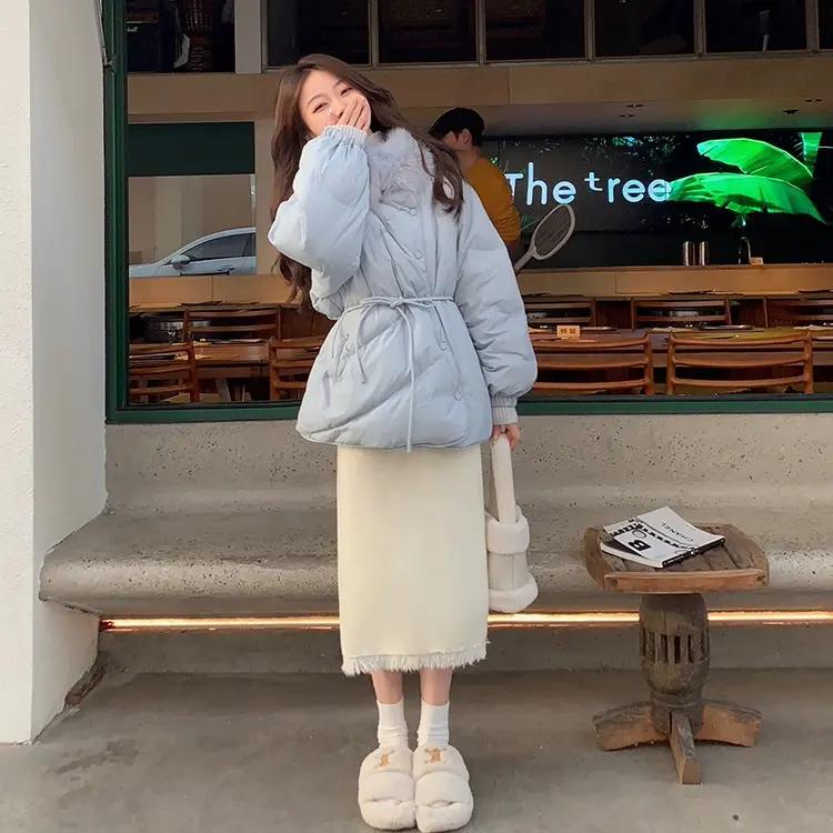 秋冬保暖毛领围脖白鸭绒羽绒服女冬季短款加厚宽松外套韩版收腰同