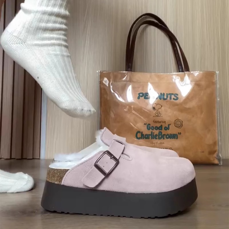 达芙妮沿荐厚底加绒勃肯拖鞋女冬季2023年新款包头半拖毛毛增高外