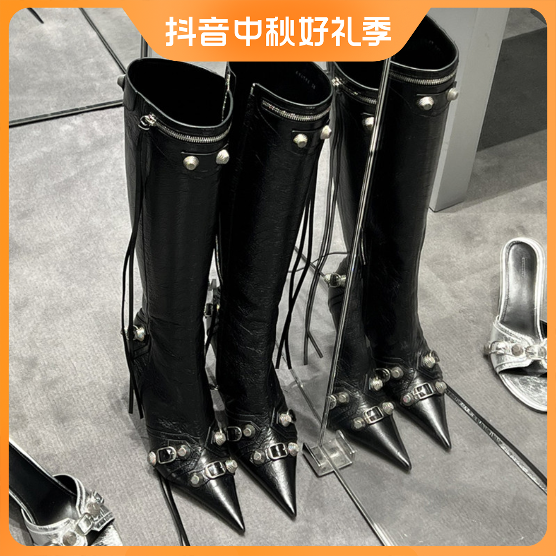 达芙妮沿荐网红靴秋冬新款时尚尖头铆钉靴高跟长靴辣妹机车靴高筒