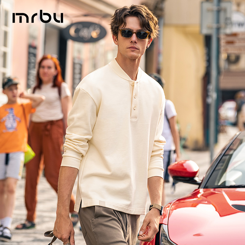 Mr.Bu布先生棒球领男士套头卫衣秋冬复古宽松大码纯色长袖KT15756