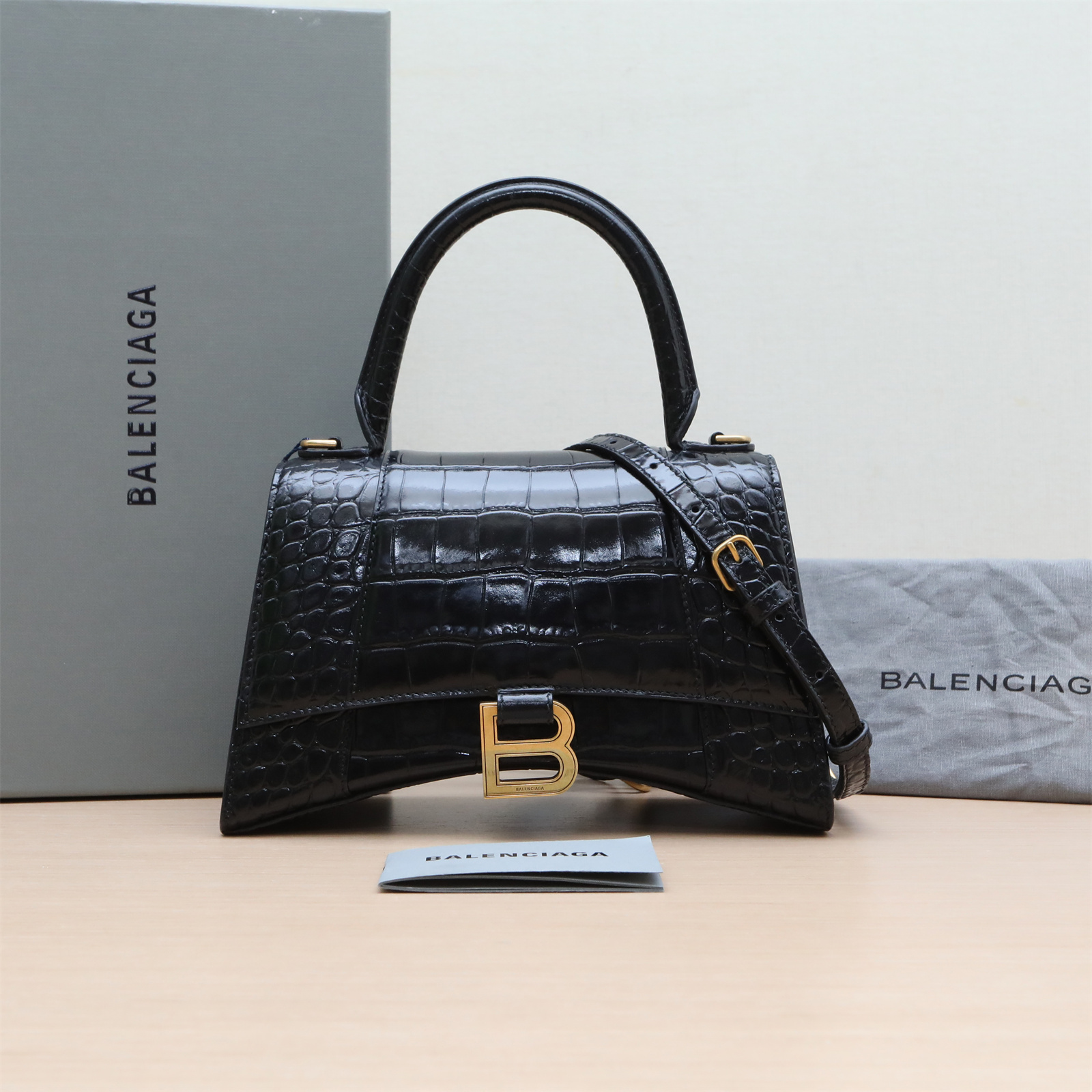 95新 Balenciaga/巴黎世家 斜挎包鳄鱼压纹沙漏S码金扣P244482477