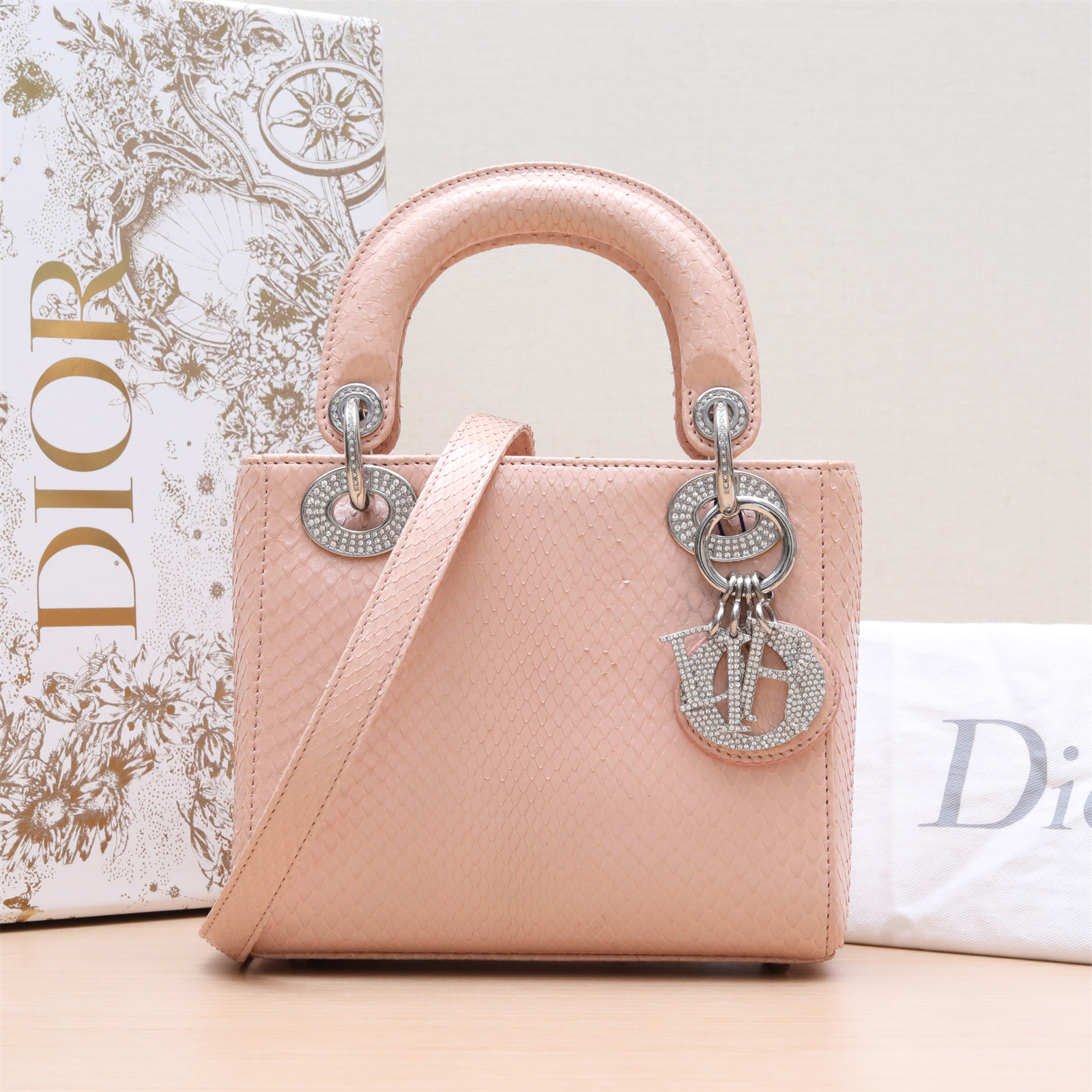 95新 DIOR/迪奥 单肩包 戴妃包 三格 蛇皮 钻扣 粉色P233498266