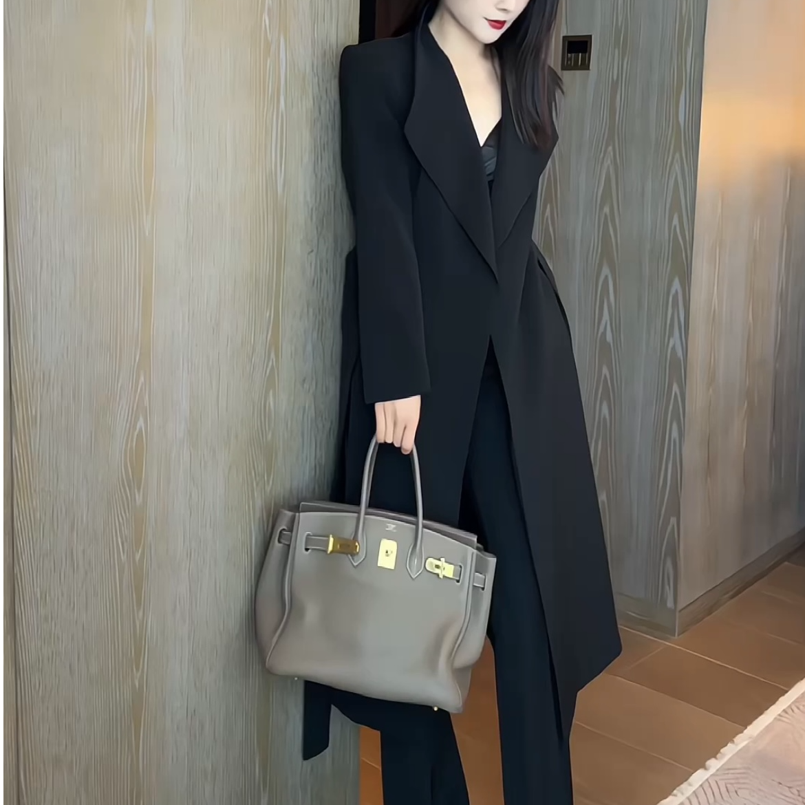 JIASHI翻领长款秋冬大衣显瘦百搭简约轻奢高级气质高定女士-WD041