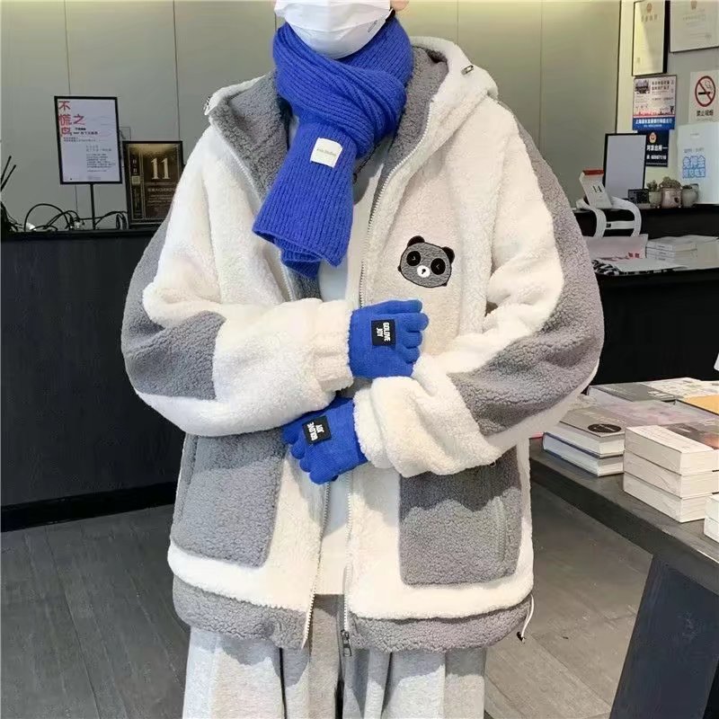 2022春秋ins港风潮男撞色拼色羊羔绒外套宽松休闲学生男女上衣潮