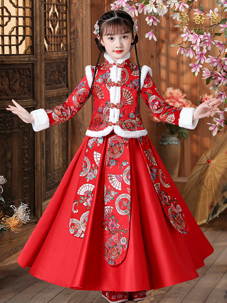 女童汉服连衣裙冬装新年装过年衣服公主裙儿童裙子加绒拜年服冬季