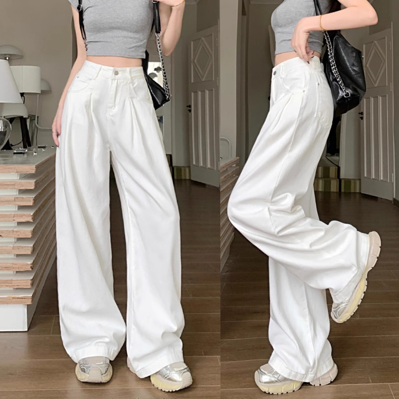 白色牛仔阔腿裤女春秋季高腰宽松休闲显瘦垂感直筒拖地裤城市机能