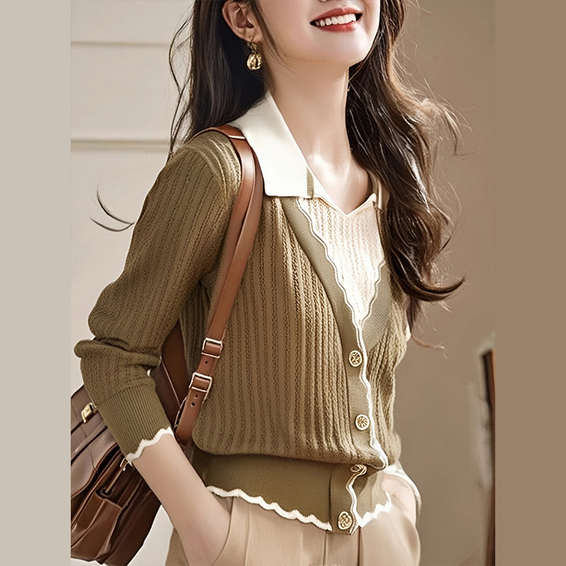 2024秋冬新款气质假两件套针织衫上衣女拼色翻领毛衣打底POLO衫