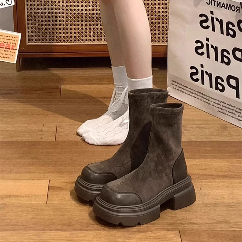 复古英伦风马丁靴女2023秋季新款保暖百搭厚底粗跟短靴弹力瘦瘦靴