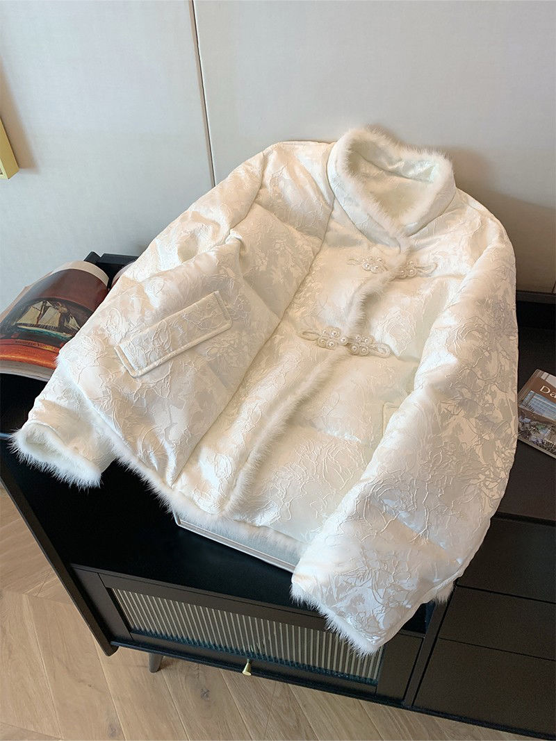 新中式立领袖口毛边拼接棉服外套女冬季2023新款保暖厚实夹棉上衣