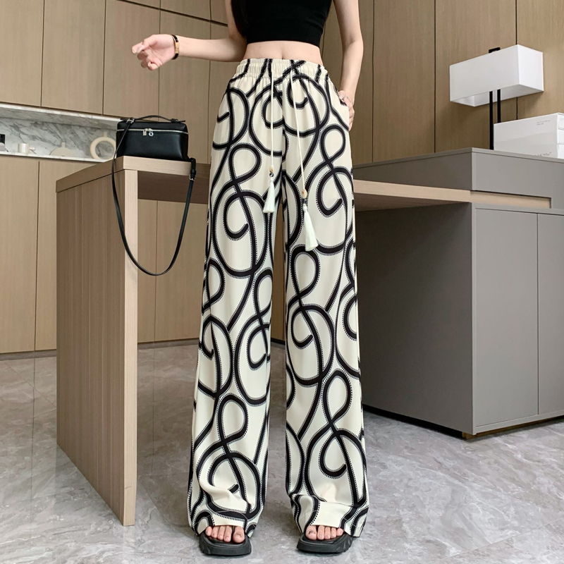 欧货印花抽绳垂感阔腿裤女夏季薄款松紧高腰显瘦宽松直筒休闲裤潮
