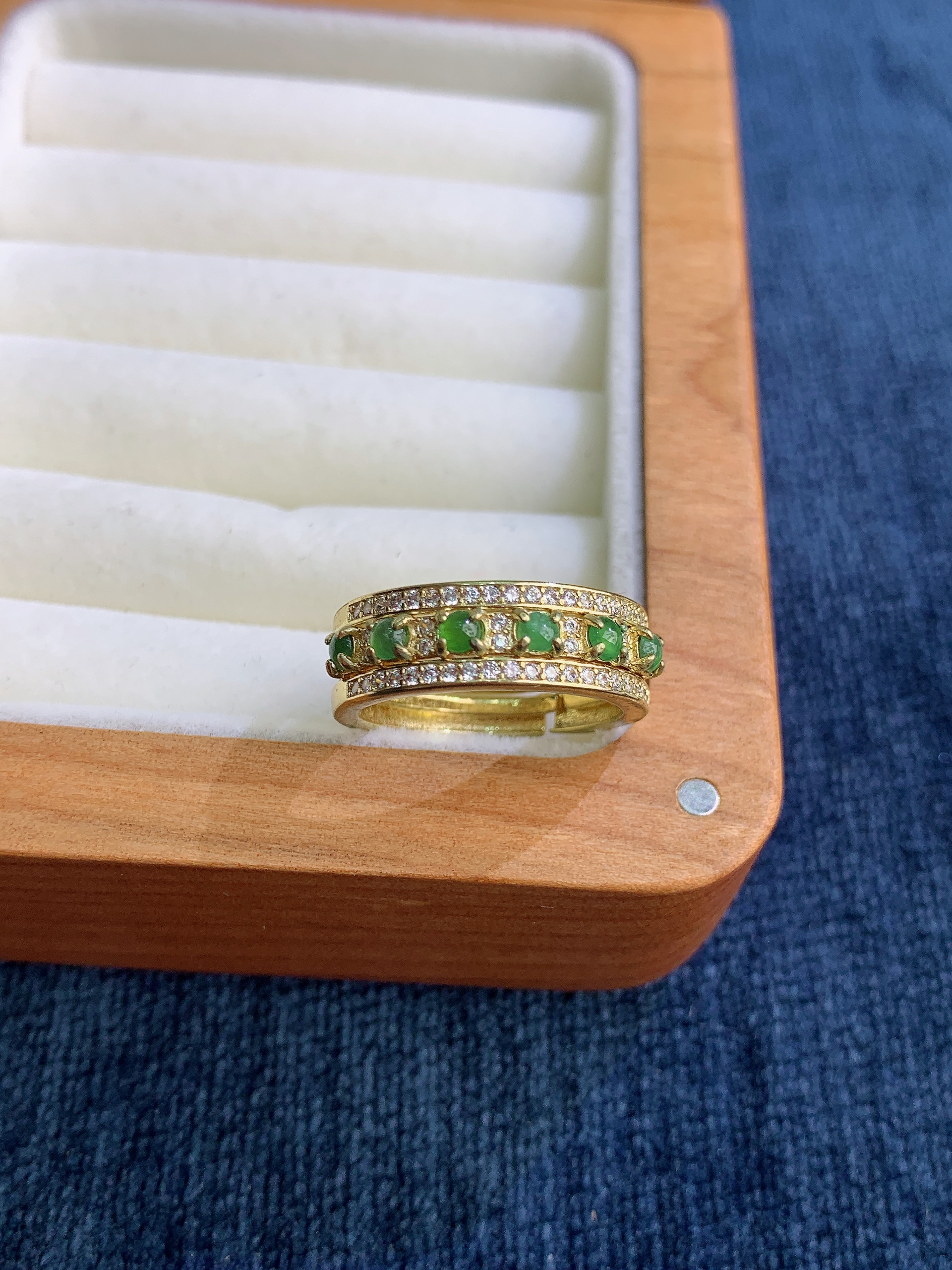 925银镶嵌满绿蛋面戒指活口可拆两个指环轻奢精致简约个性绿色