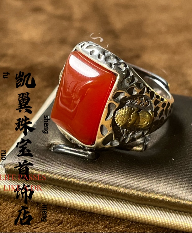 天然红玛瑙复古大气s925银镶重工个性潮流上档次