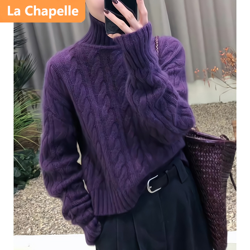 拉夏贝尔欧货高级感半高领紫色毛衣女秋冬宽松慵懒加厚百搭针织衫
